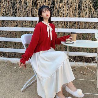 Plain Sweater / Tie-neck Long-sleeve A-line Midi Dress