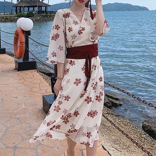3/4-sleeve Floral Midi Wrap Dress