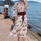 3/4-sleeve Floral Midi Wrap Dress