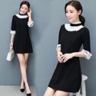 Elbow-sleeve Frill Crewnec A-line Sheath Plain Panel Slim Dress