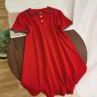 Short-sleeve Lace Trim Knit A-line Polo Dress