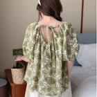 Puff-sleeve Tie-strap Floral Blouse