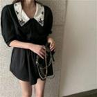 Short-sleeve Embroidered Collar Blouse / Plain Skort