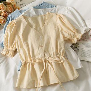 Tie-waist Ruffled V-neck Shirt