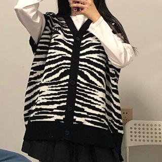 Long-sleeve T-shirt / Single-breasted Zebra Print Knit Vest