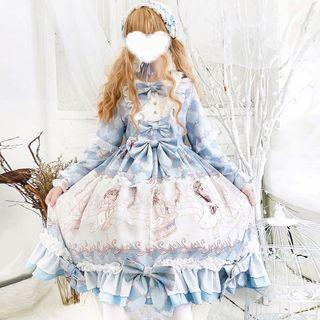 Long-sleeve Print A-line Dress / Headband / Set