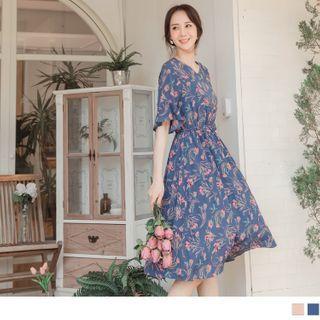 Bell Sleeve V-neck Floral Print A-line Dress