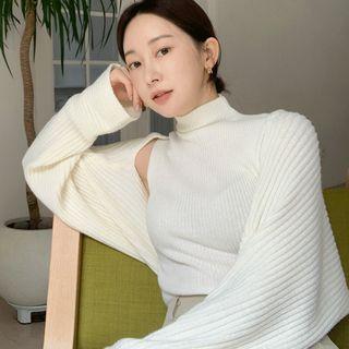 Set: Rib-knit Bolero + Mock-neck Sleeveless Knit Top