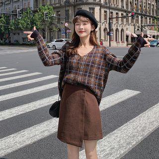 Plaid Cardigan / Mini A-line Skirt / Set