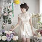 Cap-sleeve Mandarin Collar Mini Prom Dress