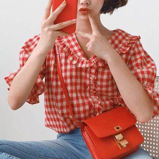 Frill Trim Elbow Sleeve Plaid Blouse Red - One Size
