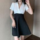 Short-sleeve Open-collar Two-tone Mini A-line Dress