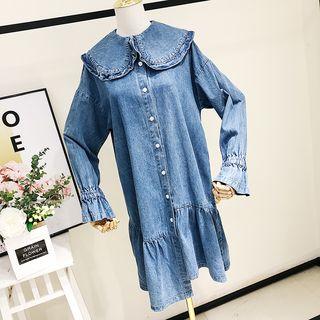 Long-sleeve Frill Trim Asymmetric Buttoned Midi Denim Dress Dark Blue - One Size