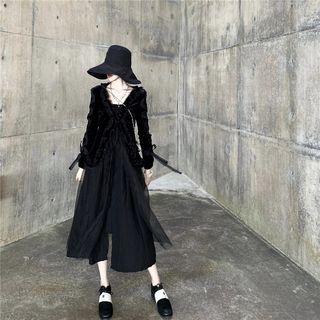 Set : Lace Up Velvet Coat + Mesh Patchwork Skirt