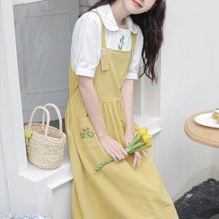 Embroidered Denim Midi A-line Overall Dress / Puff-sleeve Collar Blouse / Set