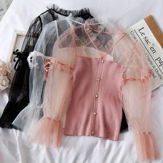 Mesh-panel Ruffled-trim Knit Top