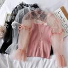 Mesh-panel Ruffled-trim Knit Top