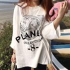 Rose Print Elbow-sleeve T-shirt White - One Size