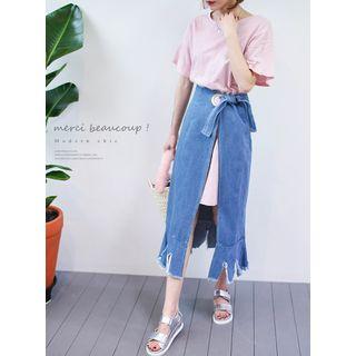 Set: Round-neck T-shirt Dress + Denim Wrap Skirt