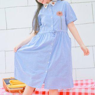 Embroidered Waist-tie Short-sleeve Shirt Dress