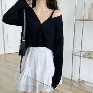 Long-sleeve Cold-shoulder T-shirt / Mini A-line Skirt