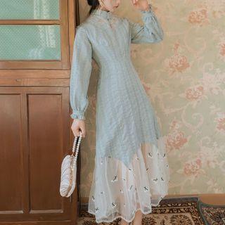 Mock-neck Embroidered Long-sleeve Dress