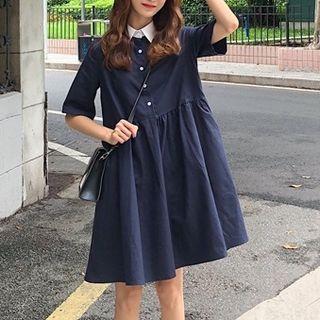 Elbow-sleeve Shirt A-line Dress