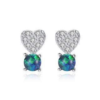 Sterling Silver Fashion Romantic Heart-shaped Green Imitation Opal Stud Earrings With Cubic Zirconia Silver - One Size