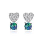 Sterling Silver Fashion Romantic Heart-shaped Green Imitation Opal Stud Earrings With Cubic Zirconia Silver - One Size