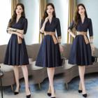 Belted V-neck 3/4-sleeve A-line Dress