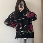 Floral Embroidered Knit Sweater Black - One Size