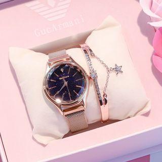 Set: Diamond-cut Wrist Watch + Rhinestone Open Bangle