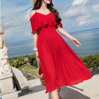 Plain Cold-shoulder A-line Dress