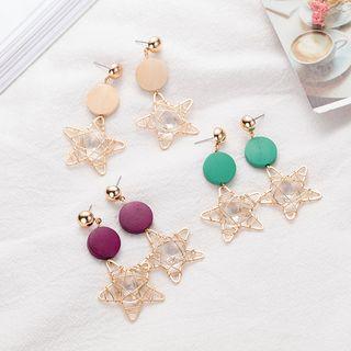 Wooden Disc Wirework Star Dangle Earring