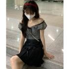 Puff-sleeve Plaid Top / Mini A-line Skirt