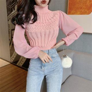 Chiffon Panel Mock-neck Sweater