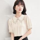 Puff-sleeve Peter Pan-collar Embroidered Printed Chiffon Blouse