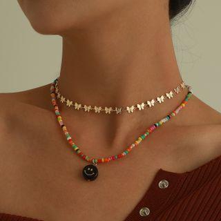 Set : Smiley Pendant Bead Necklace + Butterfly Choker