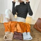 Fleece-lined Turtleneck Striped Knit Top