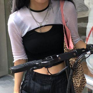 Set: Long-sleeve Sheer Crop Top + Cropped Tank Top Set - Black & White - One Size