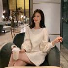 Balloon-sleeve Fringed Tweed A-line Dress
