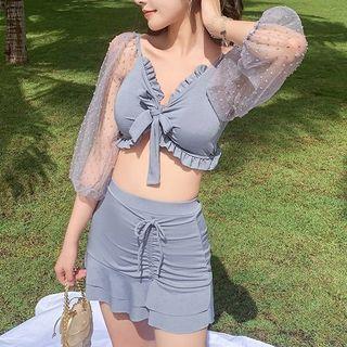 Set: Puff-sleeve Dotted Panel Tankini Top + Ruffle Swim Skirt