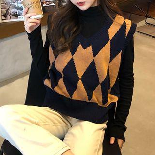 Long-sleeve Turtleneck T-shirt / Rhombus Knit Vest
