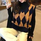 Long-sleeve Turtleneck T-shirt / Rhombus Knit Vest