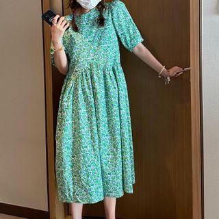 Short-sleeve Floral Midi A-line Dress Floral - Green - One Size