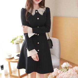 Crochet-collar Pleated-cuff Flared Dress