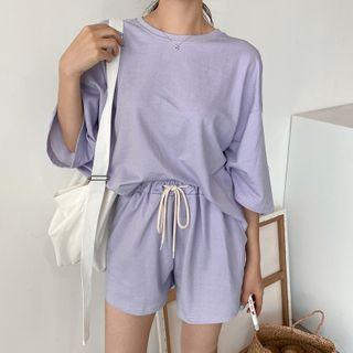 Set: 3/4-sleeve Cotton Top + Band-waist Shorts