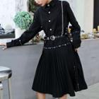 Long-sleeve Rivet Midi A-line Pleated Shirt Dress Black - One Size