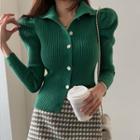 Puff-sleeve Turtleneck Rib Cardigan