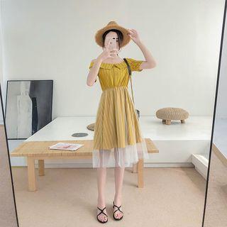 Striped Off-shoulder Mesh Panel Dress
